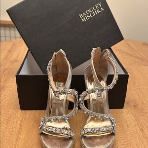 Badgley Mischka Gold Crystal-Strap Evening Heels
